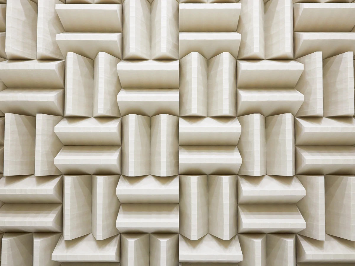 Fully anechoic chamber showing sound absorbing wedges
